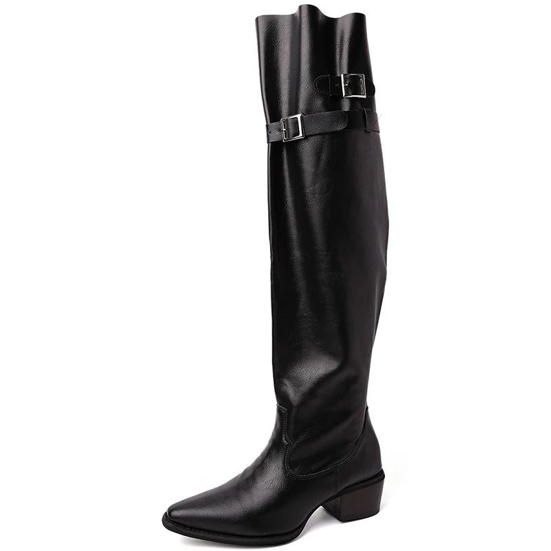 Cyflymder  Autumn Vintage Thick Heel Women Knight Boots Fashion Belt Buckle Shoes Ladies Elegant Pointed Toe Mordern Knee High Booties