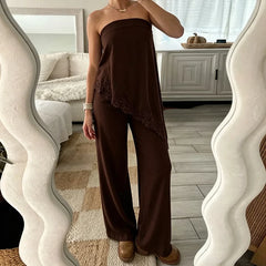 Cyflymder  Women 2 Piece Pants Lace Trim Asymmetrical Strapless Tank Top Pants Elegant Lady Going Out Matching Lounge Set