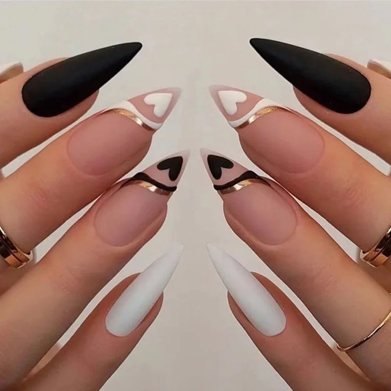 Cyflymder  24Pcs Fake Nails Supplies For Professionals False ABS Press On With Design Long French Tips Black Reusable Nails Coffin