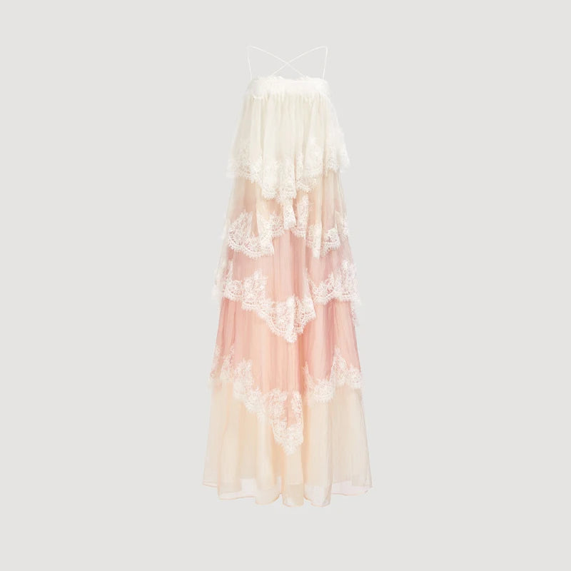 Cyflymder  Pink White Lace Tiered Maxi Dress For Women Sleeveless Spaghetti Strap Ruffle Flowy Bohemian Summer Vacation Beach Prom Dress