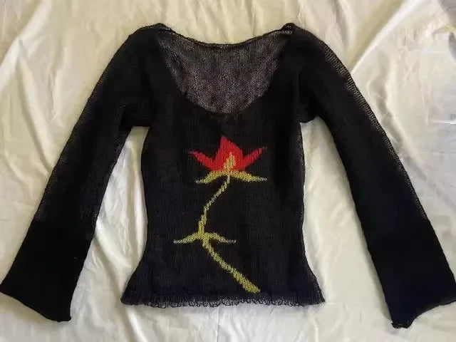 Cyflymder  Y2k American Harajuku Streetwear Flower Print Design O Neck Long Sleeve Pullovers Vintage Gothic French Thin Knitted Jumpers