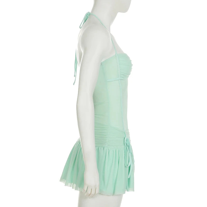 Cyflymder  Beach Style Bandage A-Line Pleated Dress Holiday See Through Solid Slash Neck Sleeveless Mini Dresses For Women 2025