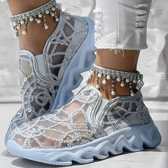 Cyflymder  Fashion Sequins Round-Toe Mesh Slip-On Shoes with Thick Heel Laces for Women Spring Loafers Women's Hot Platform Sneakers