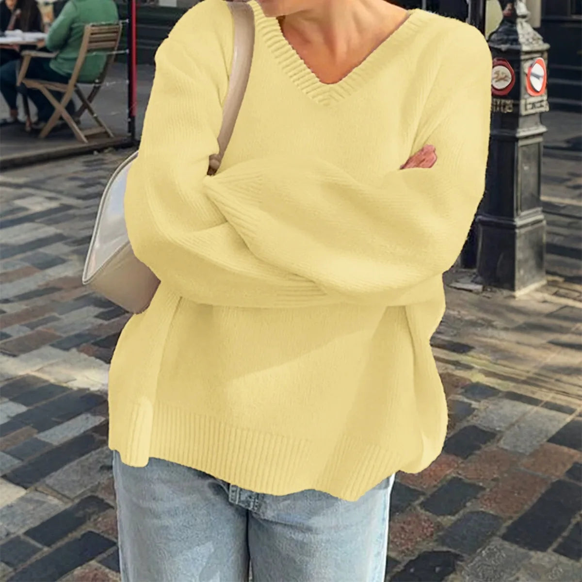 Cyflymder  Autumn Women’s Loose Fit Casual Solid Color Long Sleeve V-Neck Knit Sweater Fashion Pullover Top