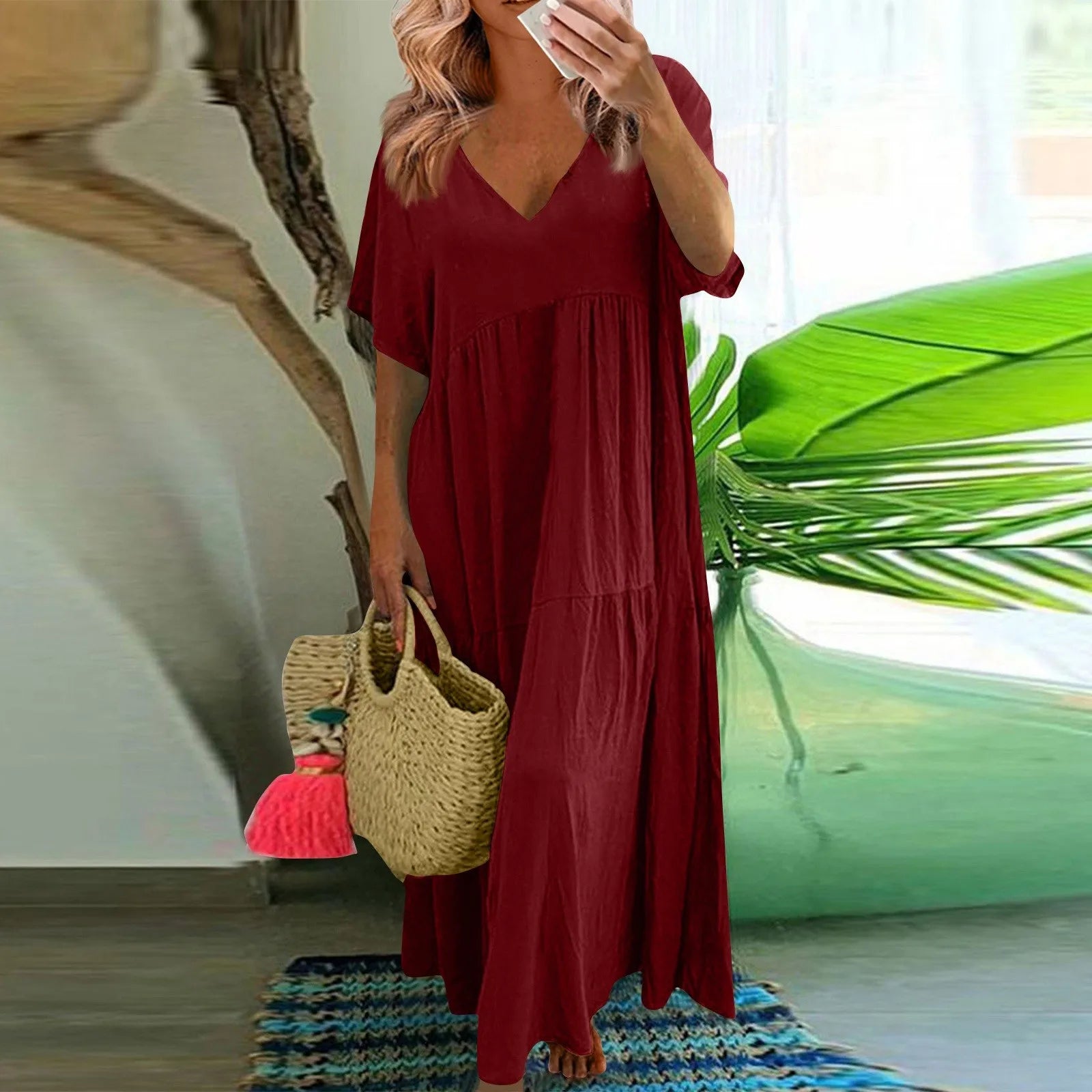 Cyflymder  Casual Summer V-Neck Short Sleeve Pleated Solid Color Casual Midi Dress Hem Loose Dress Loose Large Swing Short-sleeved Dress