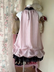 Cyflymder   Sweet Pink Halter Neck Bow Vintage Dress Women Japanese Fashion Sleeveless Ruffle Bubble Lovely Dresses New Slim Elegant Clothes