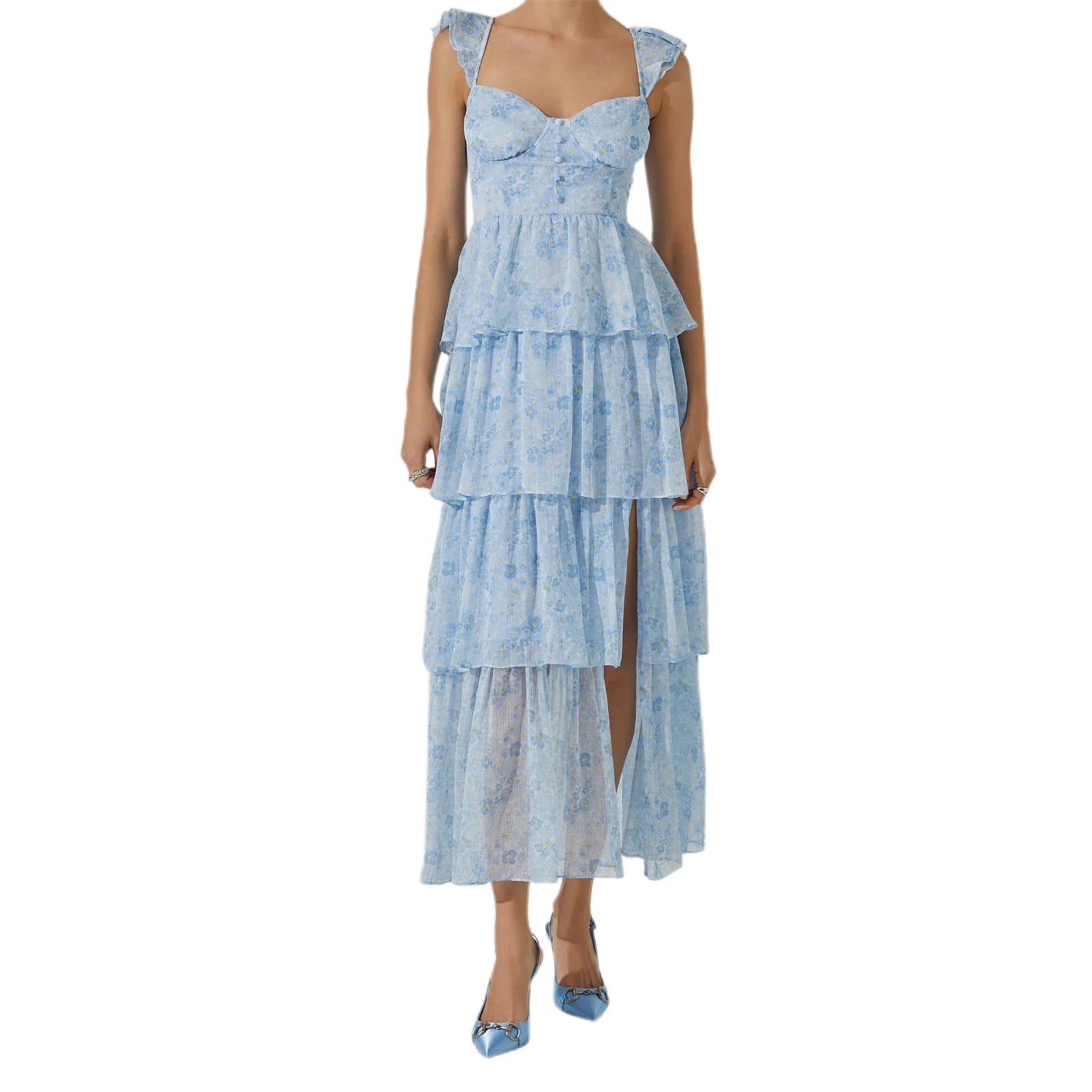 Cyflymder  Elegant Off-Shoulder Maxi Dress with Delicate Floral Print and Flowy Ruffled Layers Perfect for Spring and Summer Events