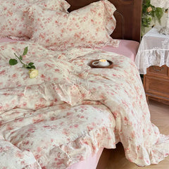 Cyflymder  Vintage Oil Painting Style Flowers Ruffles Bedding Set Double Layer Yarn 100% Cotton Duvet Cover Flat/Fitted Sheet Pillowcases