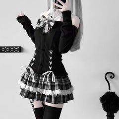 Cyflymder  Japanese Gothic Y2k Lolita Skirt Set Women Sweet Lace Bow Bandage Knitted Off-shoulder Top Plaid Mini Skirts Kawaii Slim Outifit