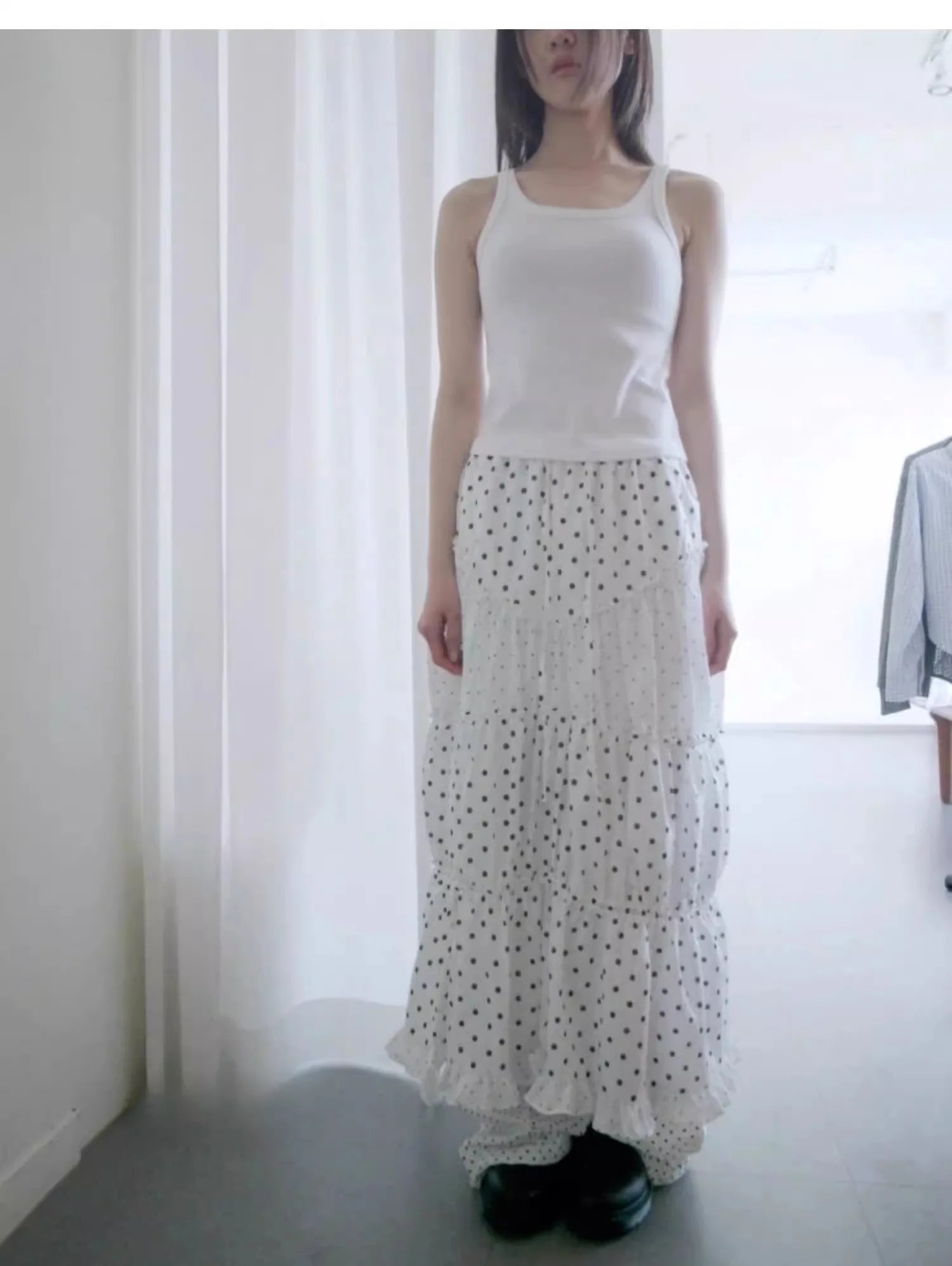 Cyflymder  Oxygen Girl Retro Polka Dot f-length Skirt with Pleated Lace Elastic Waist A-line Mid-length Commute Sle Summer 2025