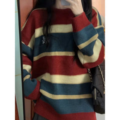 Cyflymder  Harajuku Lazy Wind Striped Sweater Women Vintage Oversize Letter Knitted Tops Retro Loose Long Sleeve Pullovers