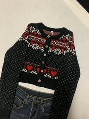 Cyflymder  Vintage Fair Isle Jacquard Knitted Cardigan Women Autumn Buttons Long Sleeve Cropped Jumper Coat Sweet Basic Slim Sweaters Tops