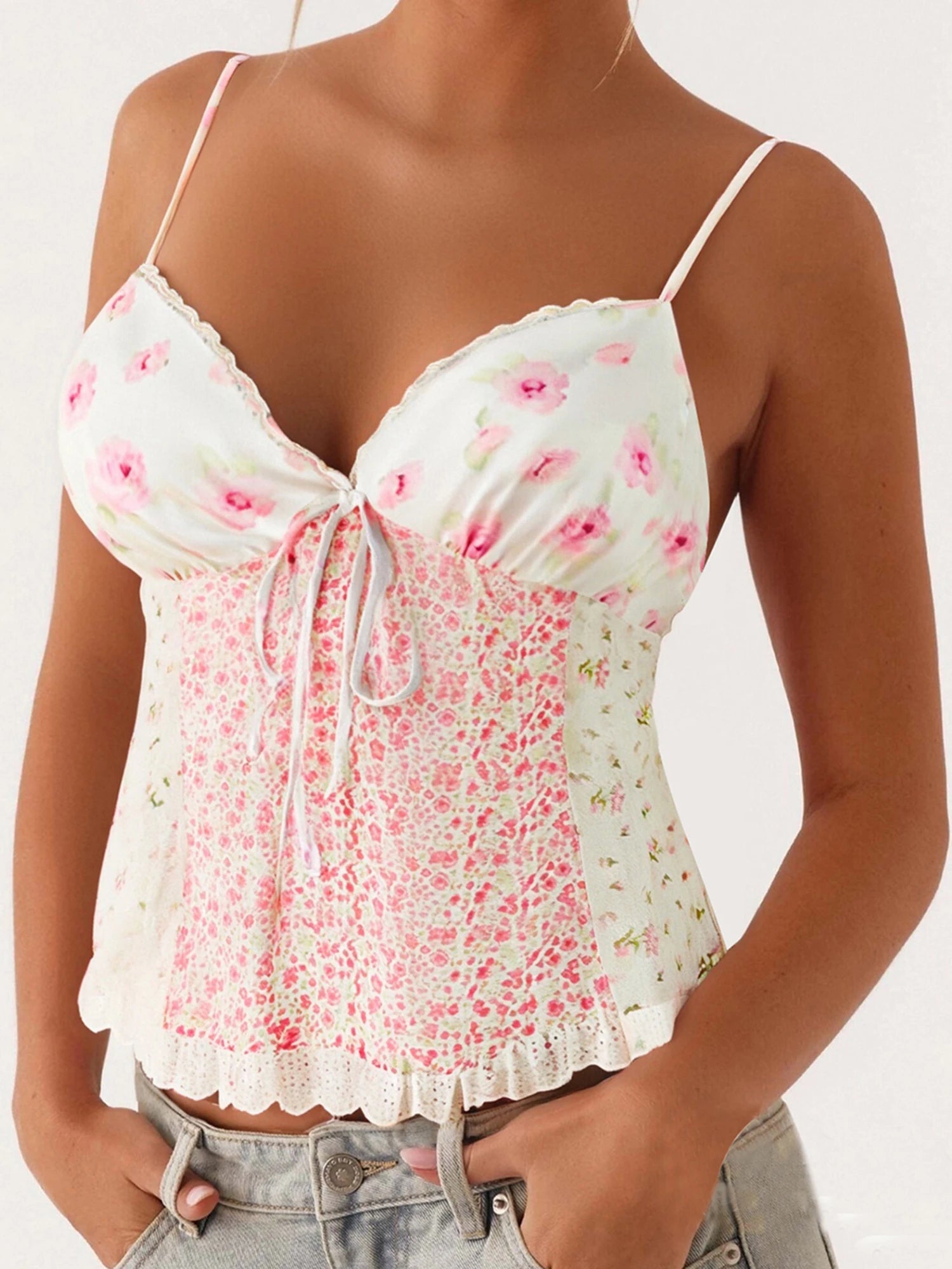 Cyflymder  Floral Print Sleeveless V Neck Camisole Lace Crop Top Women s Summer Tank Vest Spaghetti Strap Shirt Blouse