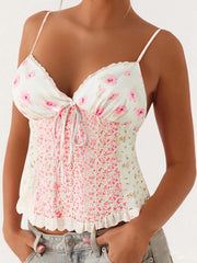 Cyflymder  Floral Print Sleeveless V Neck Camisole Lace Crop Top Women s Summer Tank Vest Spaghetti Strap Shirt Blouse