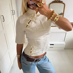 Cyflymder  Womens Chinese Style Qipao Stand Collar Blouse Vintage Floral Print Short Sleeve Slim Shirts Y2k Hollow Out Tops