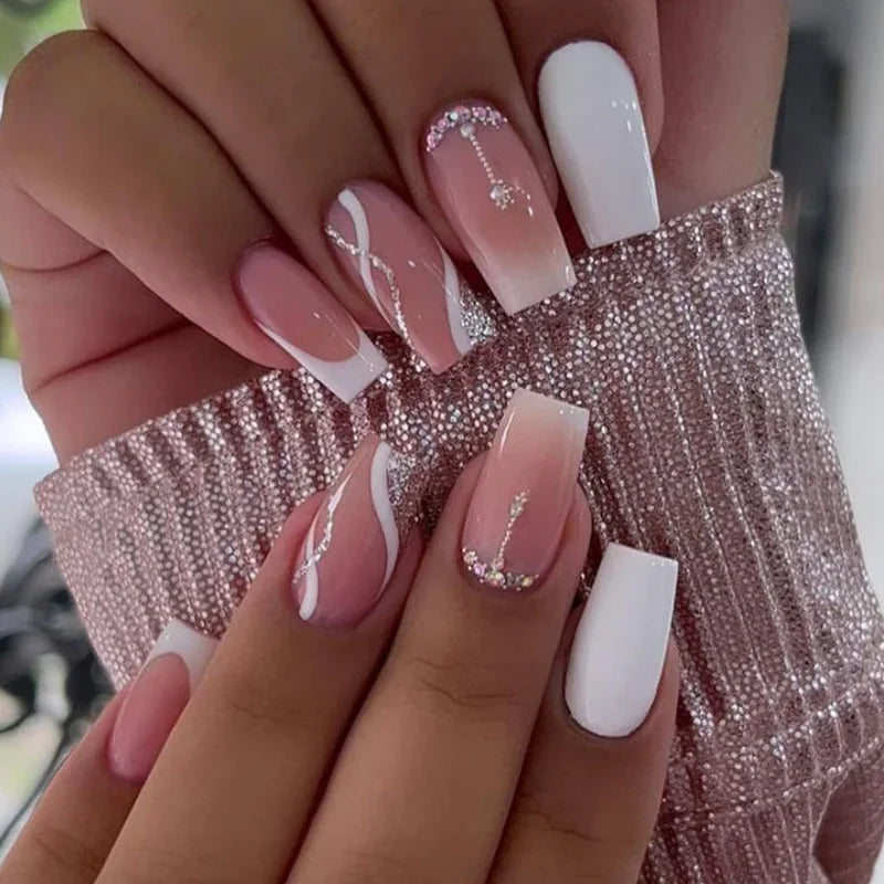 Cyflymder  24pcs Simple French False Nails With Gel White Square Head Fake Nails With Designs Short Press On Nails Natural Artificial Nail