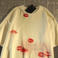 Cyflymder  American Sle High Street Pure Cotton Retro Lip Print Embroidery ort Sve T-irt ex Loose Large Size Trendy Brand