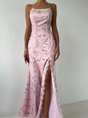Cyflymder  Summer Floral Print Maxi Dress Outfits Sexy Backless Fairy Sun Spaghetti Strap Dress Vacation Beachwear Vestido Coquette