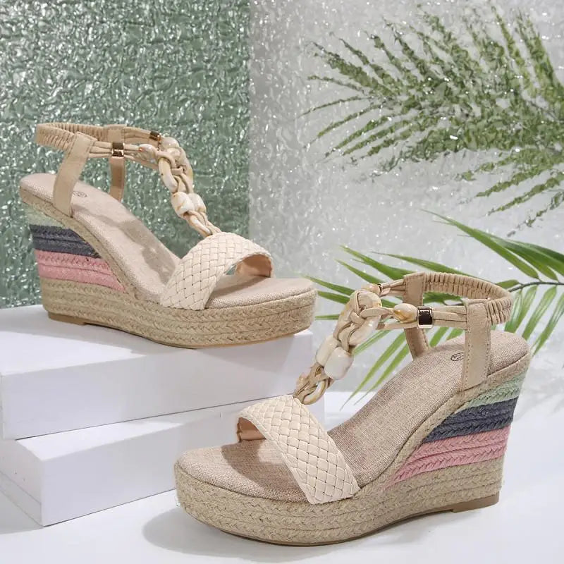 Cyflymder  Bohemia Woven Strap Button Bead Decoration Sandals Women 2025 Summer Chunky Platform Wedge Heel Shoes Casual Hemp Sole Sandals
