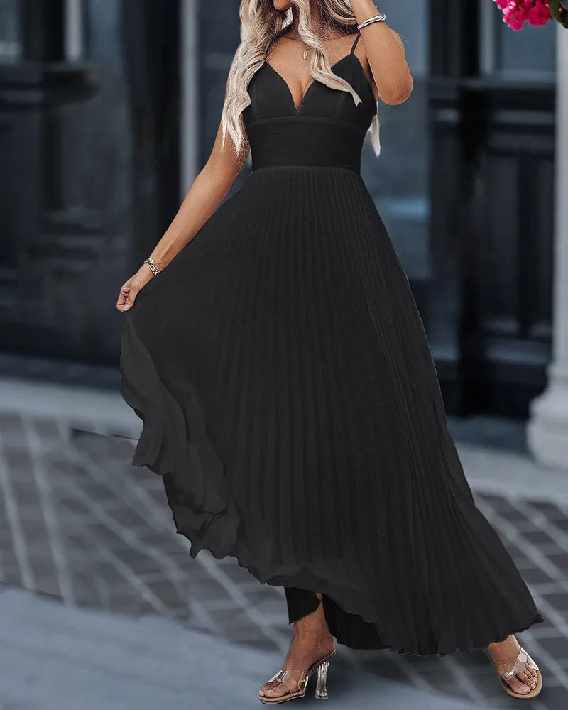 Cyflymder  Elegant A-line Evening Dress Women Sexy V-Neck Sleeveless Pleated Dress Causal Flowy A Line Maxi Dress