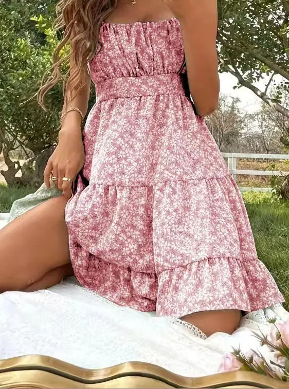 Cyflymder  French Floral Dress for Women's Summer Elegant Ruffle Hem A-line Strap Dress Fashion Female Clothes