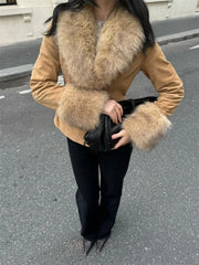 Cyflymder  Fashion Vintage Fur Feather Jackets For Women Pocket V-Neck Long Sleeve Patchwork Winter Commute Coat Female Warm Jackets