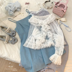 Cyflymder  See Through Long Sleeve Japanese Shrugs Autumn Mesh Ruffle Sweet Cropped Jacket Thin Air Conditioning Shirt Short Sun Protection
