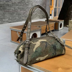 Cyflymder  Vintage Camouflage Boston Bag Women Commuter Casual Large Capacity Shoulder Bags Ladies Fashion Durable Versatile Crossbody Bag