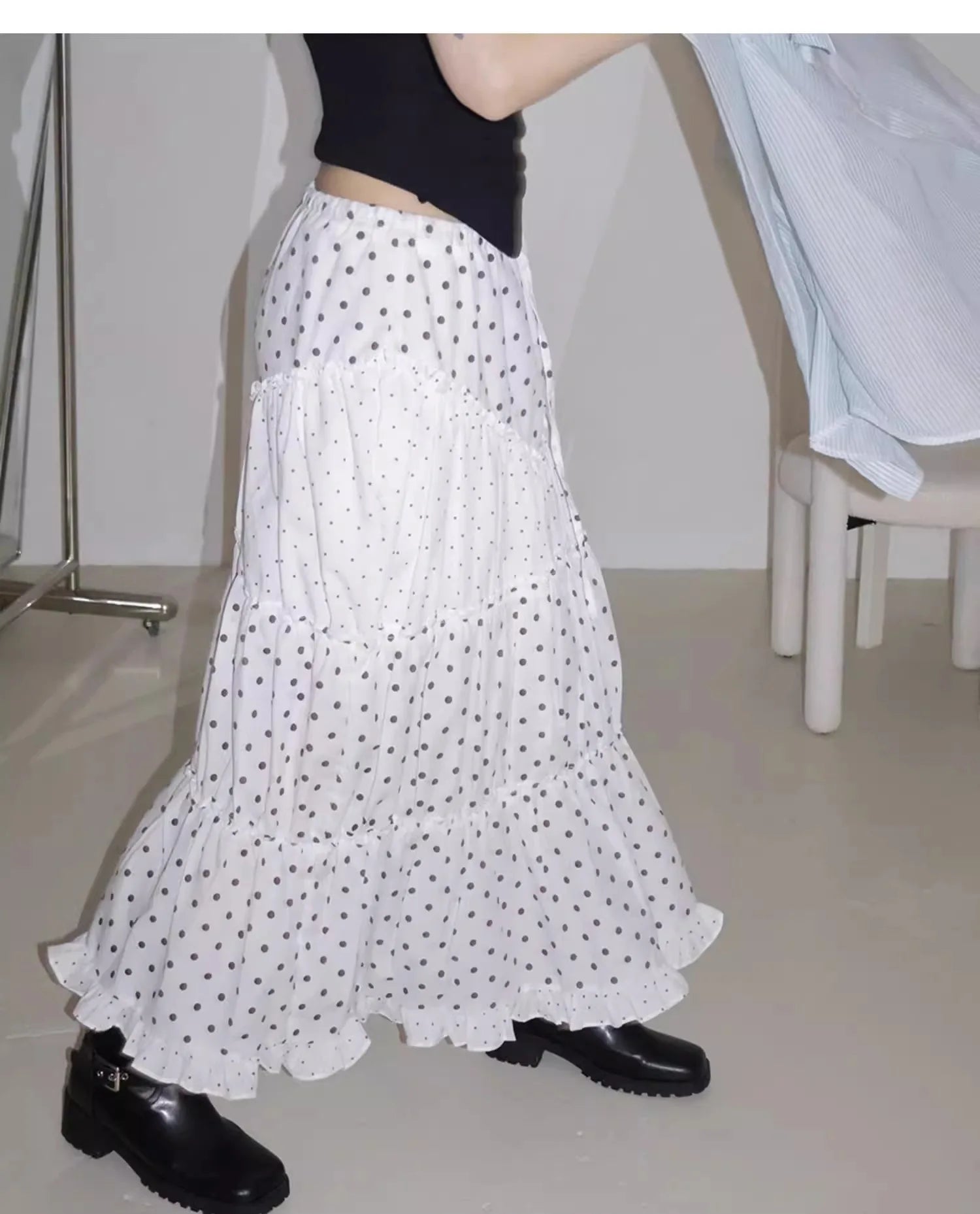 Cyflymder  Oxygen Girl Retro Polka Dot f-length Skirt with Pleated Lace Elastic Waist A-line Mid-length Commute Sle Summer 2025