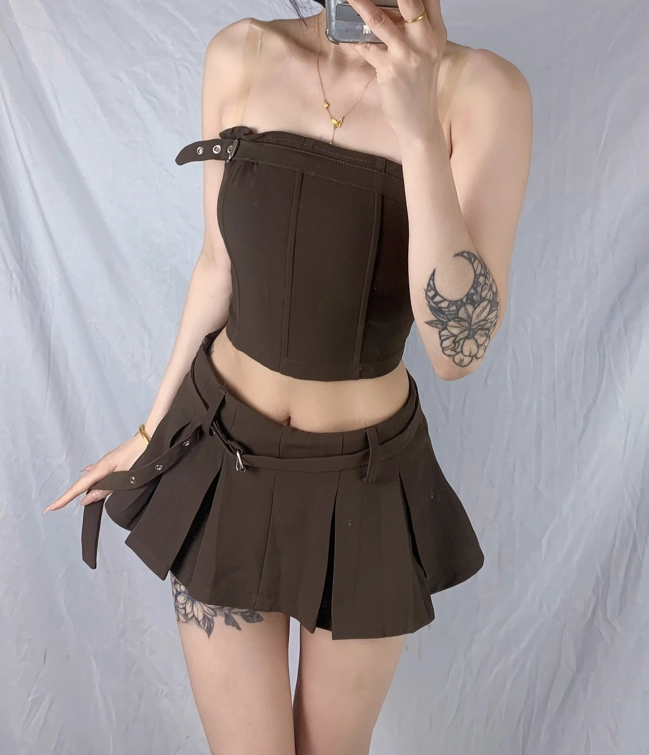 Cyflymder  Retro American Hot Girl Slim Fit Strapl Cinched Waist  A-Line Skirt SetWith Se Inner ortigh Waist Street