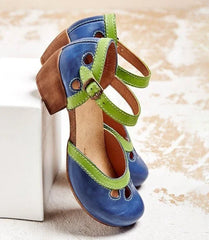 Cyflymder  Women Summer Shoes Mid Heel Hollow Out Casual Sandals Elegant Retro Ladies Pumps Ankle Color Block Buckle Straps Female Sandals