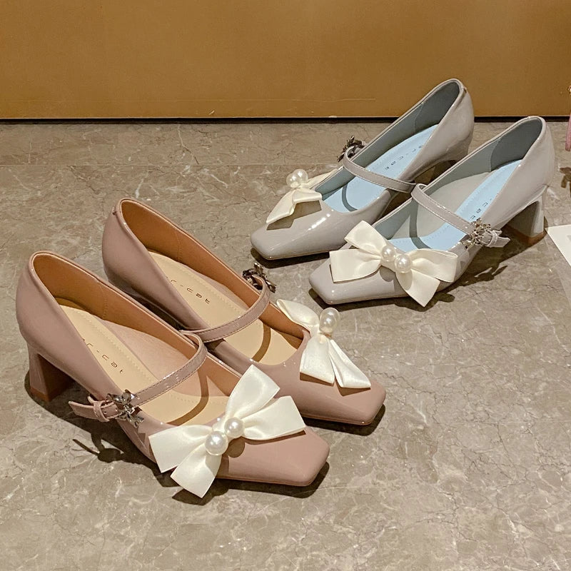 Cyflymder  Sweet Bow Square Toe Chunky Heel Women Pumps Fashion Buckle Elegant Dress Mary Jane Shoe Ladies Luxury Wedding Bridal High Heels