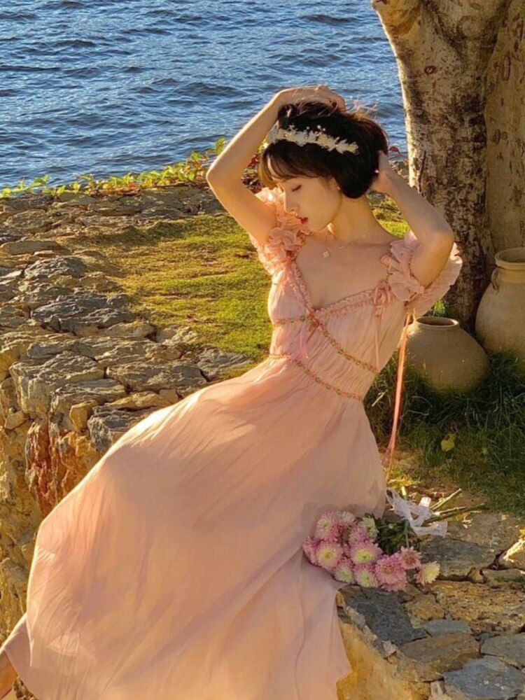 Cyflymder Pink Sweet Strap Dress Summer Women Elegant V-Neck Bow Floral Fairy Party Dresses Female Sexy Off Shoulder Chic Holiday Vestidos