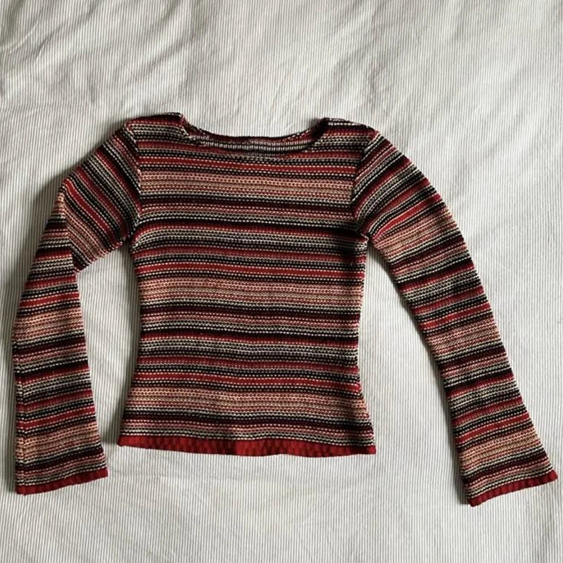 Cyflymder  Women Y2K Red Multicolor Striped Knit Sweater Round Neck Flare Long Sleeve Slim‑Fit Retro Casual Pullover Top