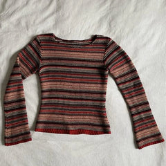 Cyflymder  Women Y2K Red Multicolor Striped Knit Sweater Round Neck Flare Long Sleeve Slim‑Fit Retro Casual Pullover Top