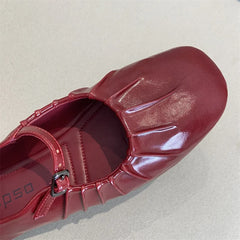 Cyflymder  Pleated Mary Janes Flats Shoes Women Square Toe Pu Leather Comfortable Elegant Red Shoes Ladies Shallow Black Ballet Flats New