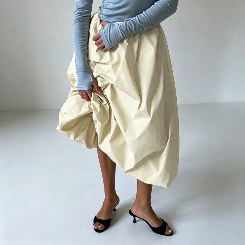 Cyflymder  Bubble Hem Midi Skirt Acetate Cotton  Waist Gathered Side Pockets Summer Casual Clothing Streetwear Solid Color Skirt