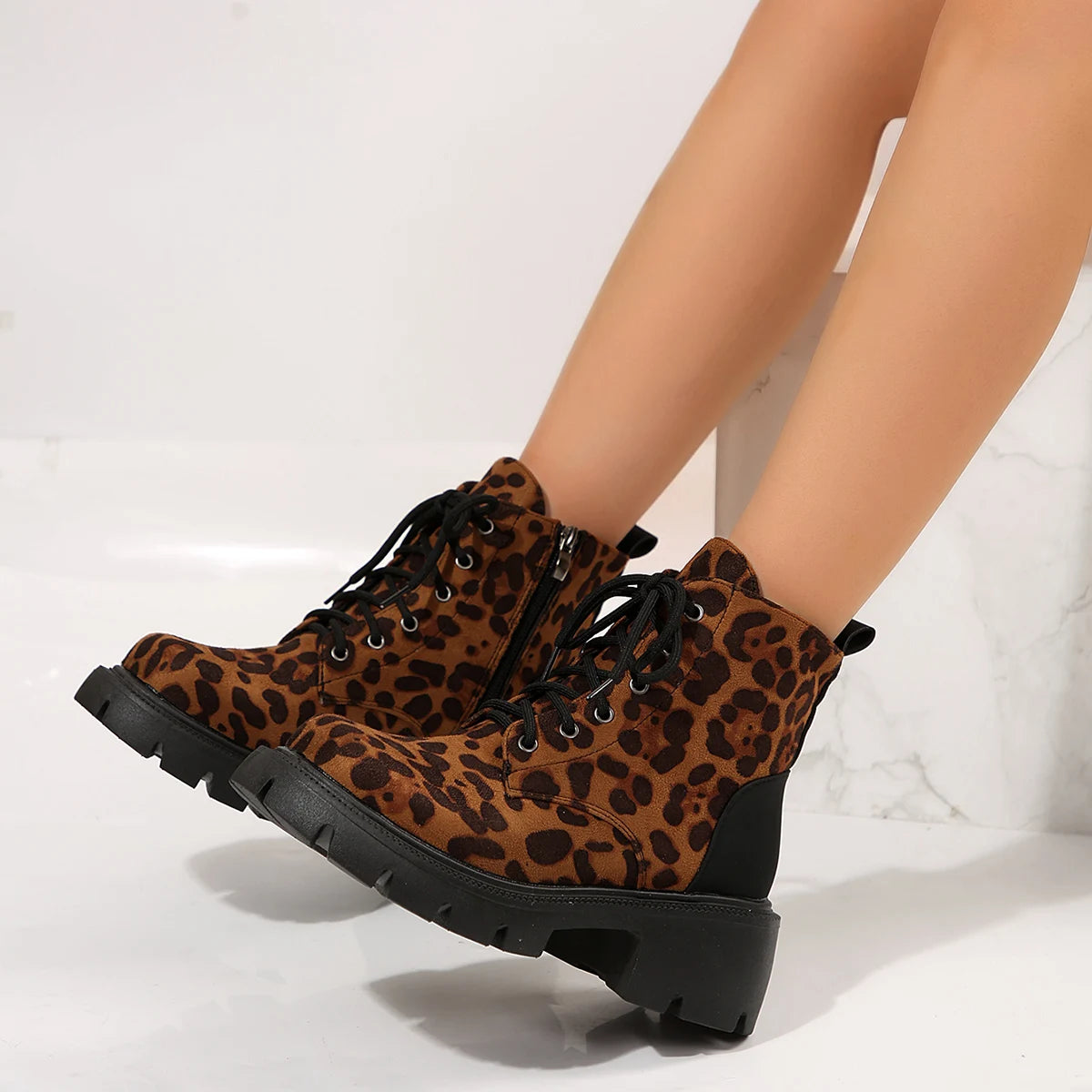 Cyflymder Sexy Leopard Ankle Boots for Women Autumn Winter Low Square Heels Plus Size 43 Short Booties Shoes Woman Motorcycle Boots