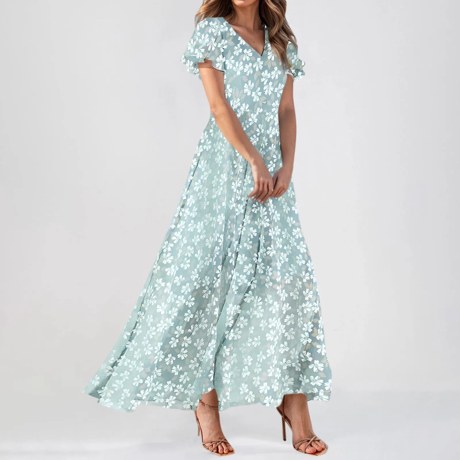 Cyflymder  Women V-neck Ruffle Short Sleeve Maxi Dress Waist Tight High-waist Hem Sweet Floral Print Elegant Dress Female Clothing Vestidos