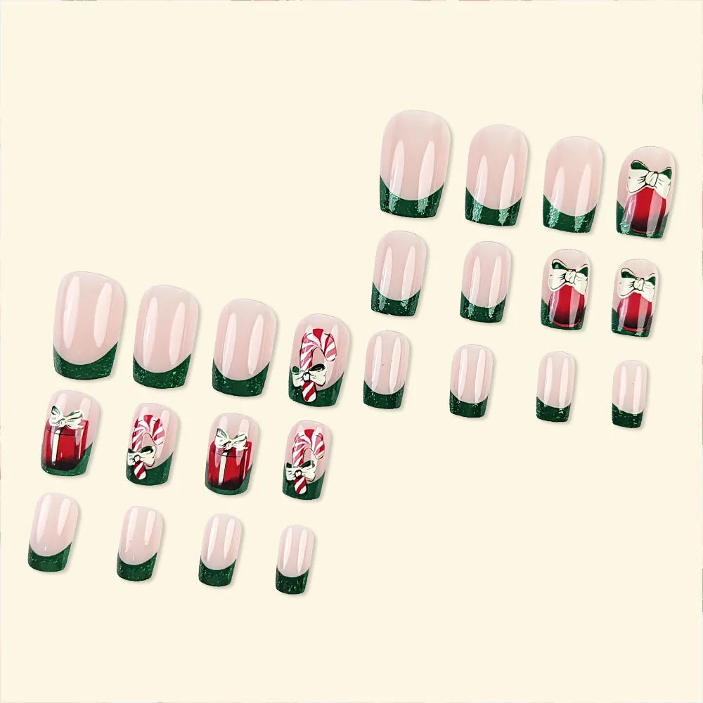 Cyflymder 24pcs Christmas Holiday Themed Medium Square Fake Nails Pink Red & Green Glossy Press-On Nails Set Reusable Fake Nails for Women