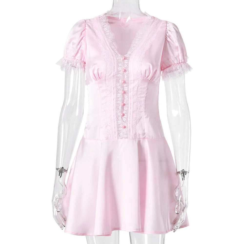 Cyflymder  French-style Elegant Bodycon Mini Dress With Lace Trim Buttoned Cardigan Fashion Evening Birthday Partywear Sweet Outfit