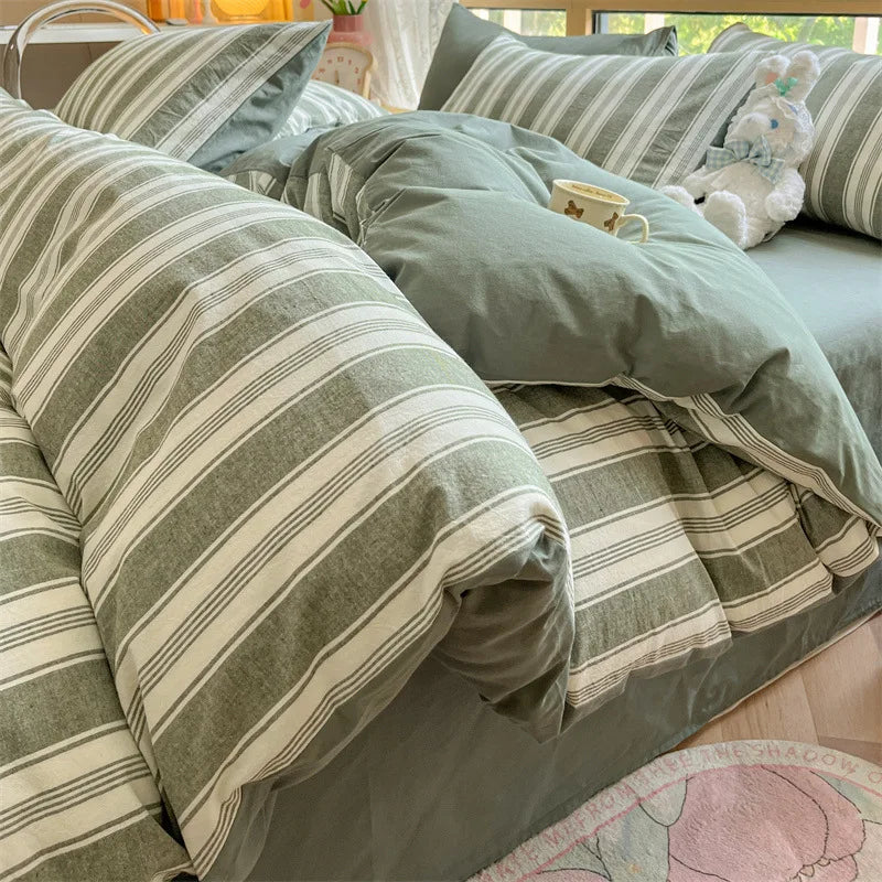 Cyflymder  Class A 100% Cotton Striped Bedding Sets Yarn Dyed Washed Cotton Breathable Duvet Cover Kit Single Bedclothes for All Seasons