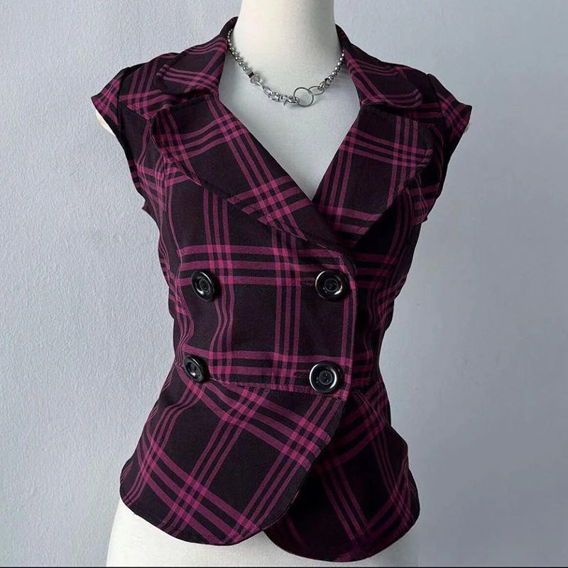 Cyflymder  New Euramerican Sweet Cool Turn Down Collat Double Breasted Vest Y2k Constrast Colr Plaid Camisole Harajuku Casual Streetwear