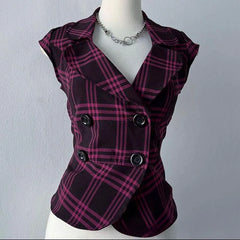Cyflymder  New Euramerican Sweet Cool Turn Down Collat Double Breasted Vest Y2k Constrast Colr Plaid Camisole Harajuku Casual Streetwear