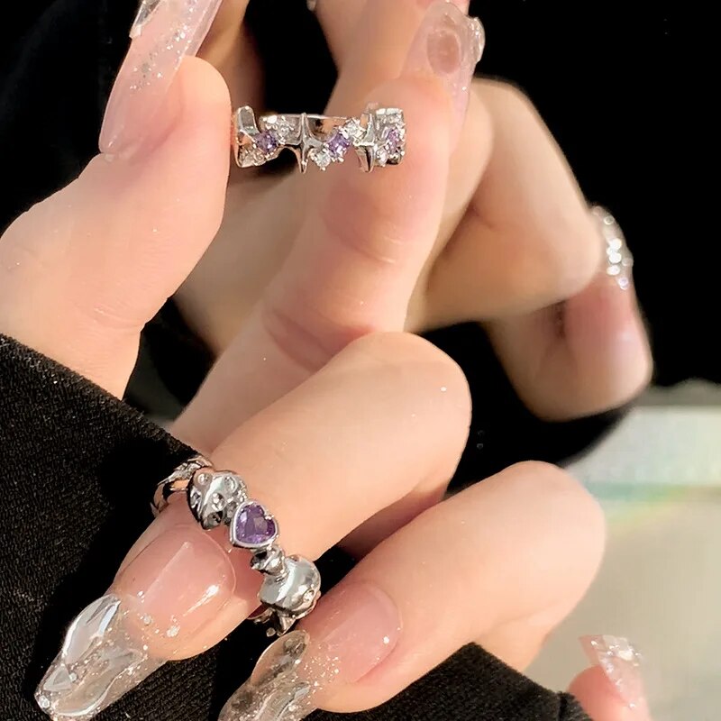 Cyflymder Vintage Crystal Star Adjustable Ring Fashion Shiny Irregular Purple Rhinestone Couple Rings For Women Men Lover Y2k Jewelry