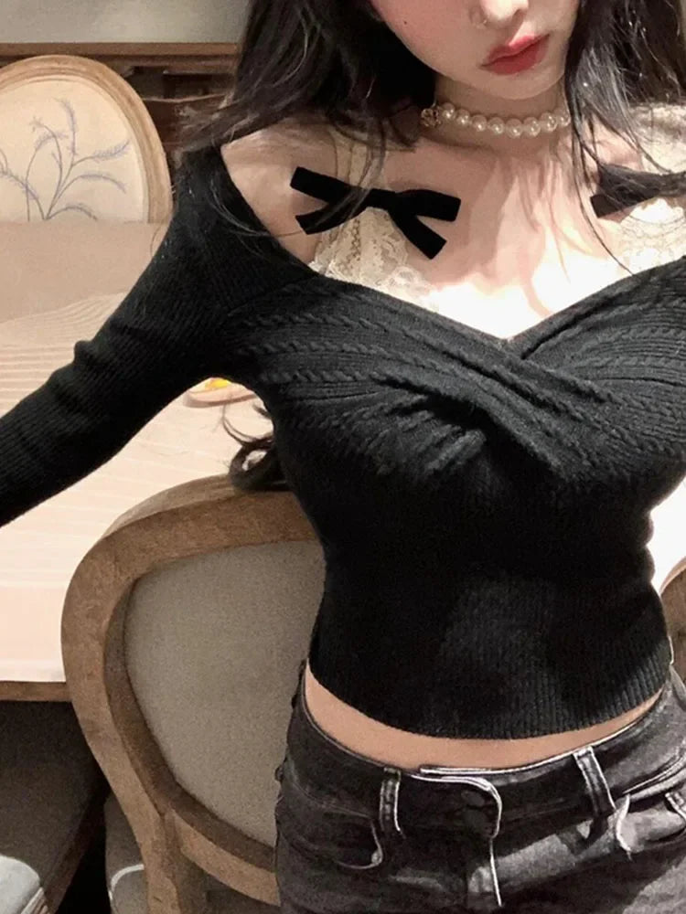 Cyflymder Spring Knitted Sweater Women Bow Fake Two Pieces Long Sleeve Slim Pullovers Black Chic Gothic Korean 2000s Vintage Y2k Clothing