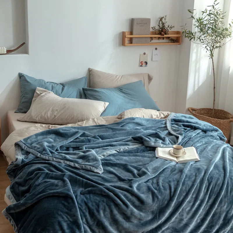 Cyflymder  Nordic Solid Flannel Blankets Warm Multifunctional Sleeping Blanket for Office Home Queen King Size Bedspread for All Seasons