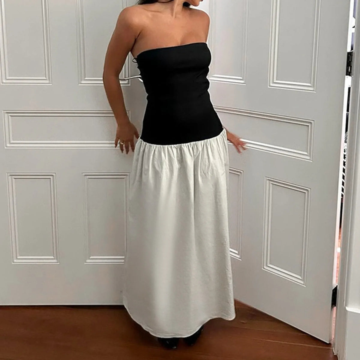 Cyflymder  Temperamental Strapless Tube Long Dress Women Y2k Contrast Color Sleeveless Off Shoulder Dress Sexy Backless Evening Party Dress