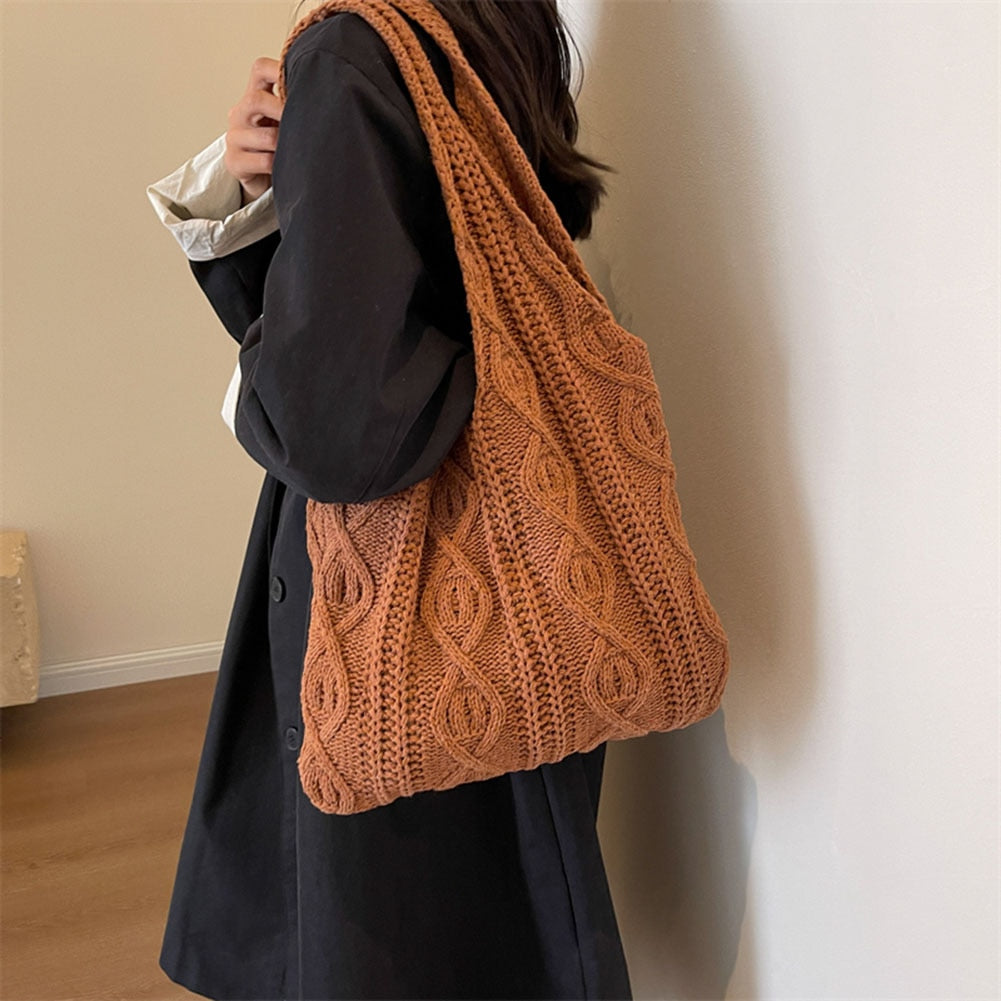 Cyflymder Wool Knitted Shoulder Shopping Bag for Women Vintage Cotton Cloth Girls Tote Shopper Bag Large Female Handbag Crochet Bag