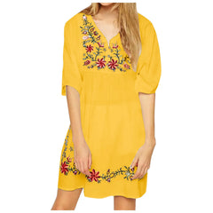 Cyflymder  Ethnic Style Floral Embroidered Summer Dress Women's Half Sleeve Sheer Thin V-Neck Short Dress Fashion Casual Bohemian Dress